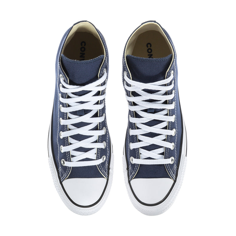 Men's navy high-top canvas sneakers with white laces and 'CONVERSE' tongue label