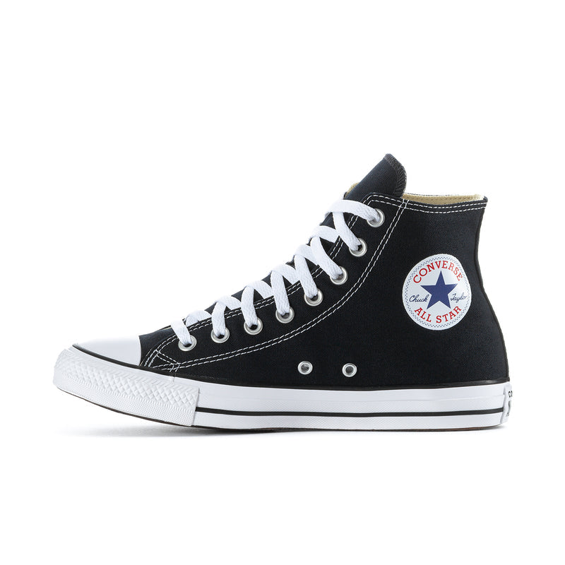 Men's black high-top sneakers with white laces and Converse All Star side patch