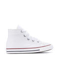 Optical white toddler high-top sneaker, white laces and stitched eyelets with side stripe