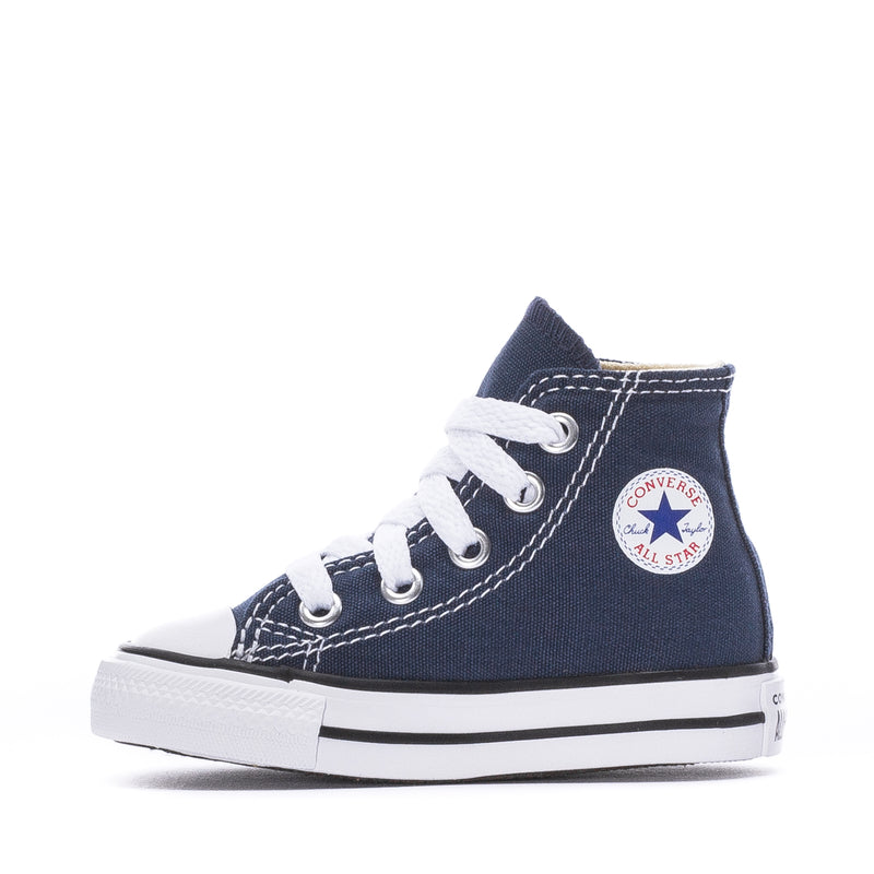 Navy toddler high-top sneaker with white laces and Converse All Star side patch