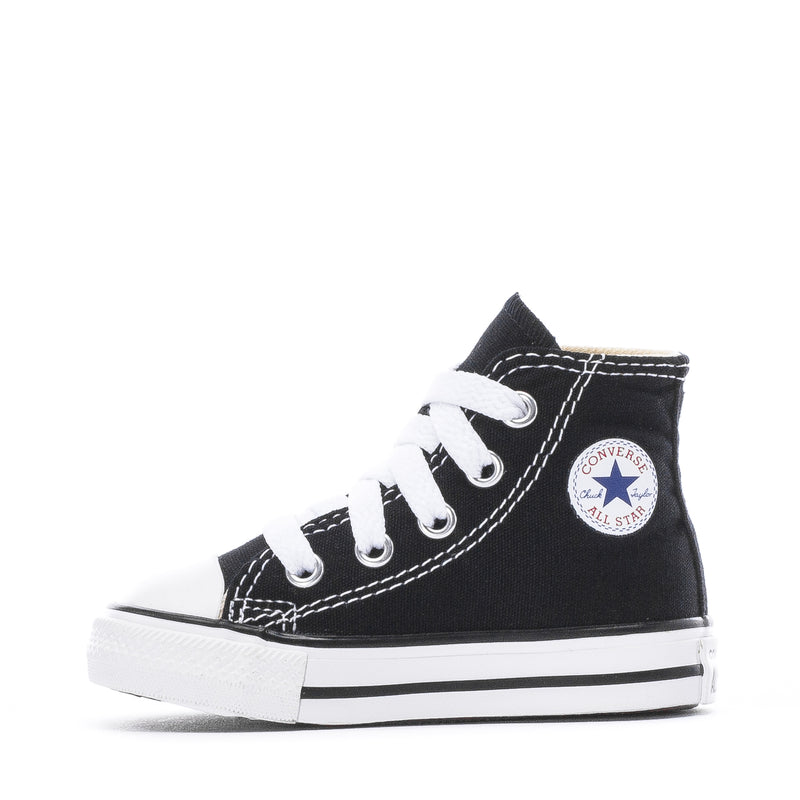 Toddler black high-top sneakers with Converse All Star ankle patch and white laces