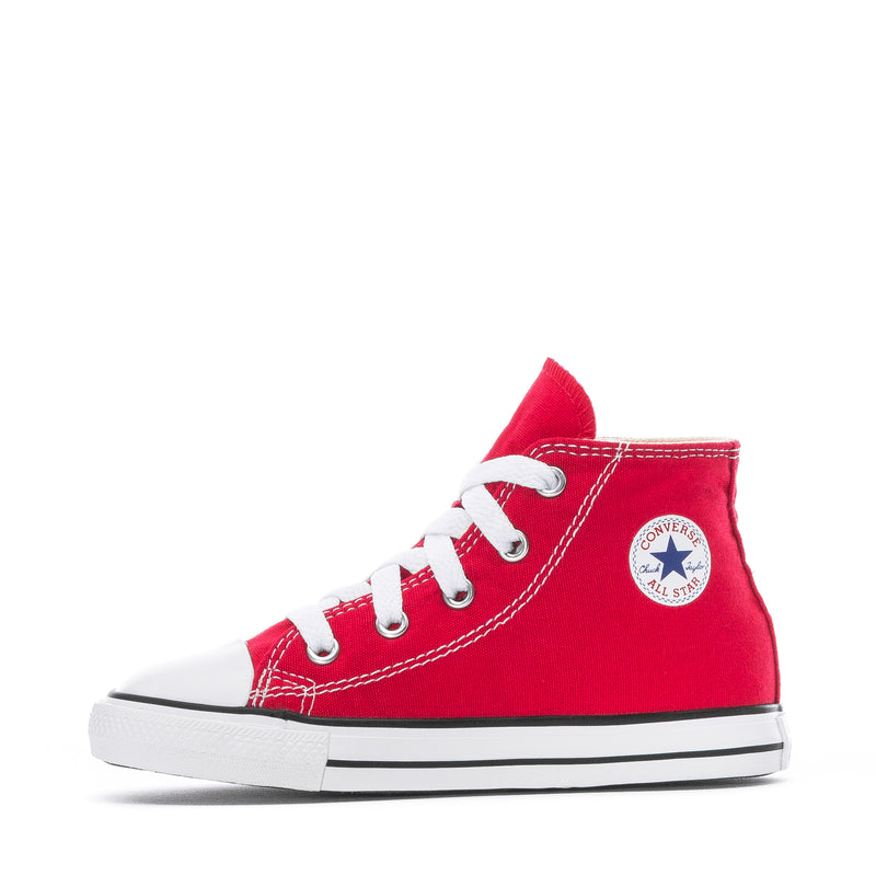 Toddler red high-top canvas sneakers with Converse All Star ankle patch and white laces