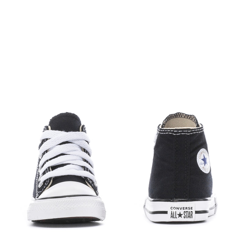 Toddler black high-top sneakers with white laces and Converse All Star heel patch