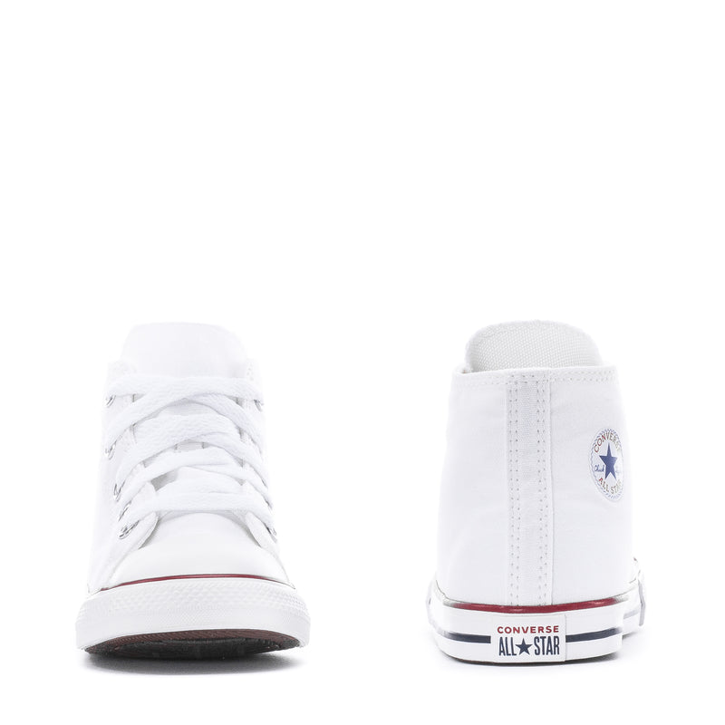 Optical white toddler high-top sneakers from back, lace-up with heel All Star logo
