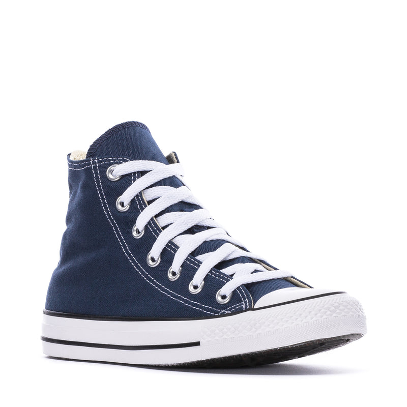 Youth navy canvas high-top sneakers, side view, white laces and striped sole