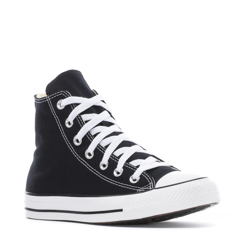 Youth black canvas hi-top sneakers with white lace-up and white rubber midsole