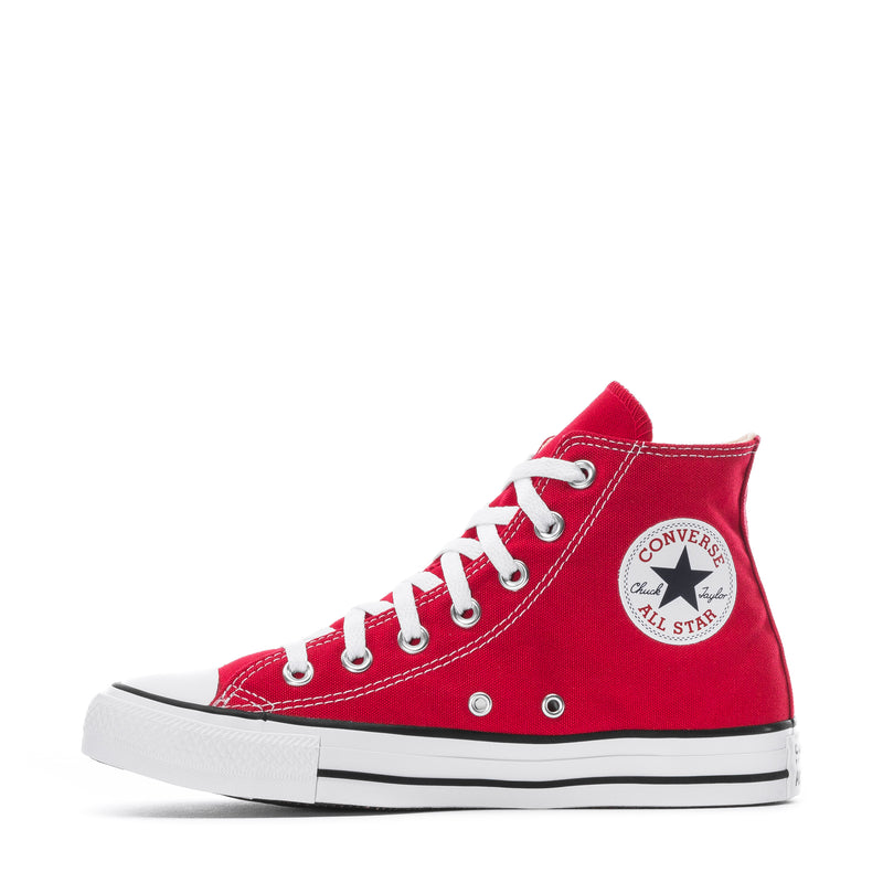 Youth red high-top canvas sneaker with white laces and CONVERSE All Star side patch