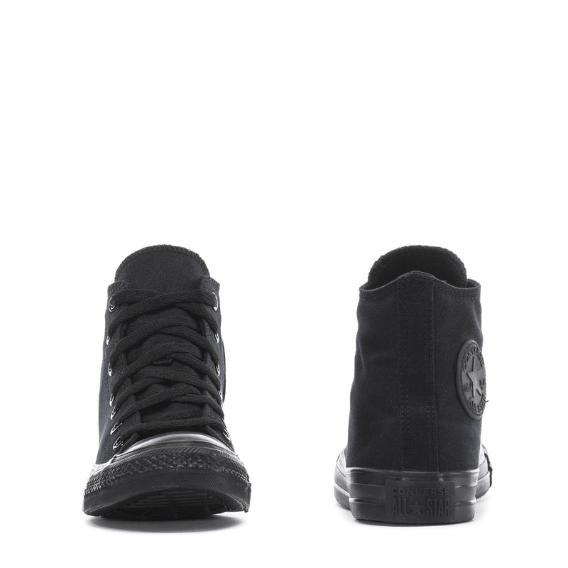 Youth black high-top sneaker shown from front and heel, lace-up style