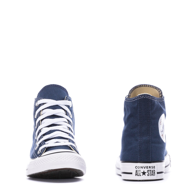 Youth navy canvas high-top sneakers, front and heel views, white sole with logo