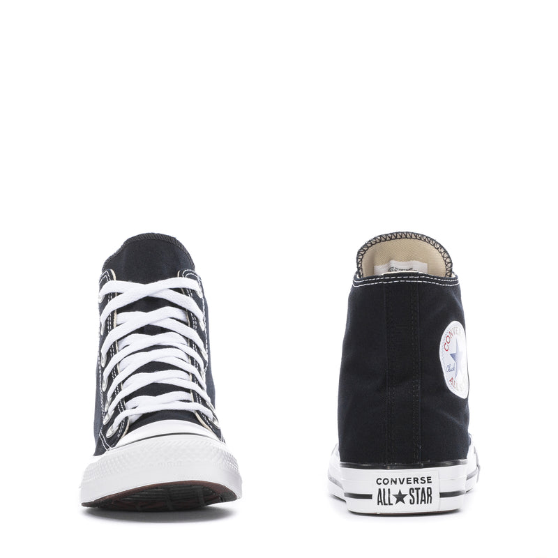Youth black canvas high-top sneakers showing heel badge and white rubber sole