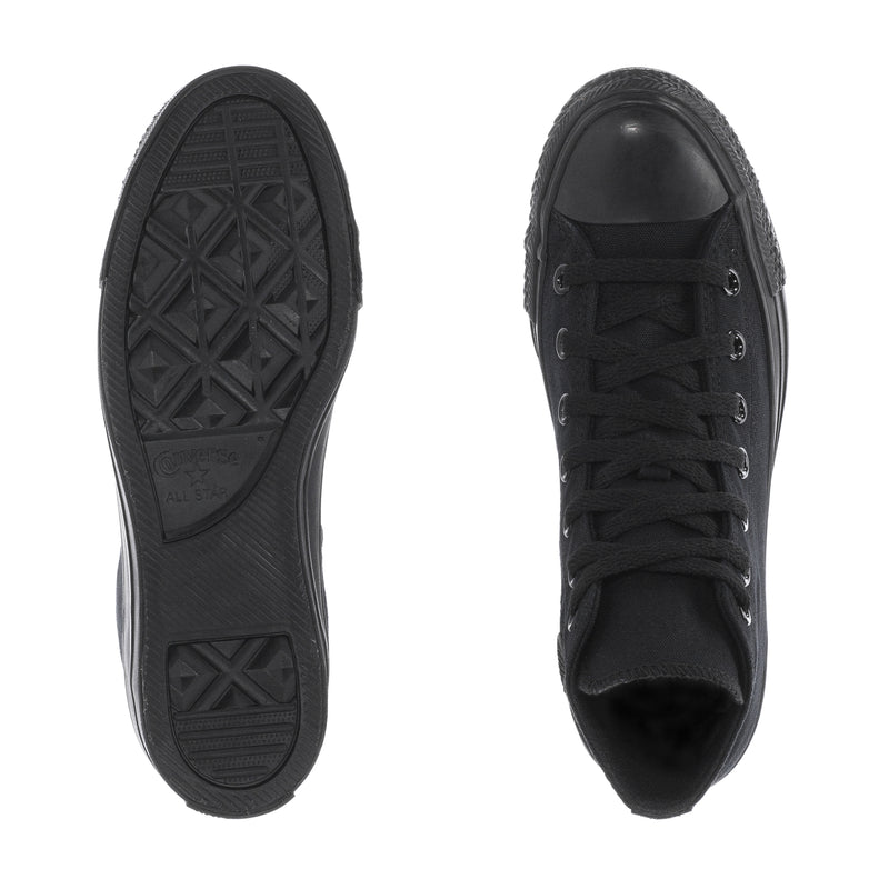 Youth black high-top sneaker soles and inside heel view with tread pattern