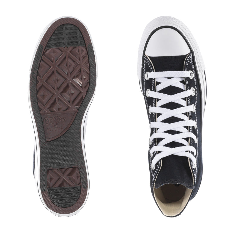 Youth black canvas high-top sneakers with visible tread outsole and open top interior