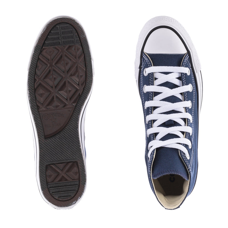Youth high-top sneaker soles and interior view, navy canvas with white laces