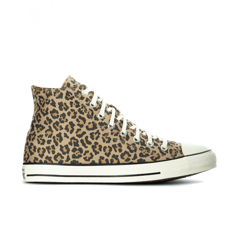 Women’s leopard-print high-top sneakers with white laces and rubber toe cap