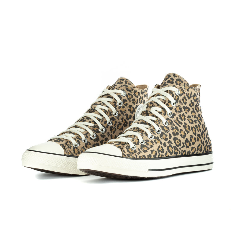 Women’s leopard-print high-top sneakers, front view, white laces and dark outsole