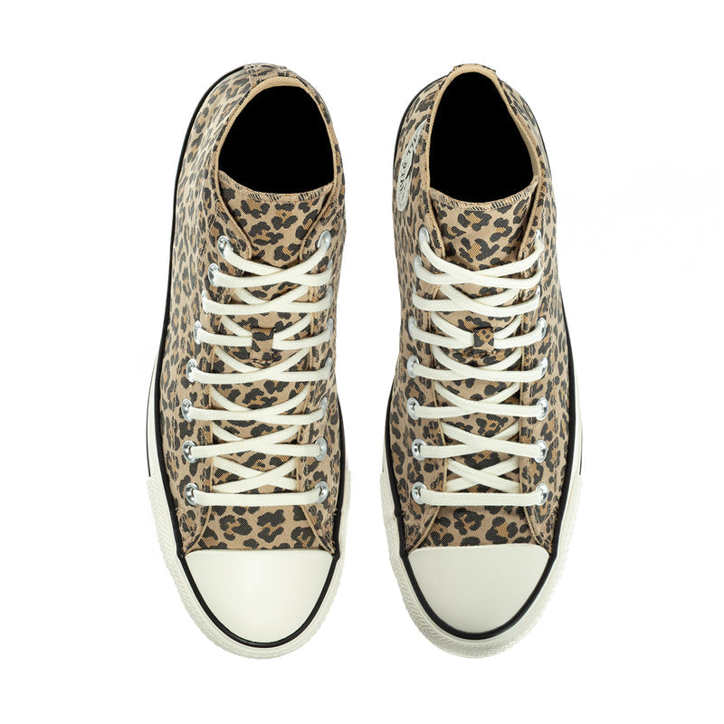 Women’s leopard-print high-top sneakers, pair front view with laces and black trim
