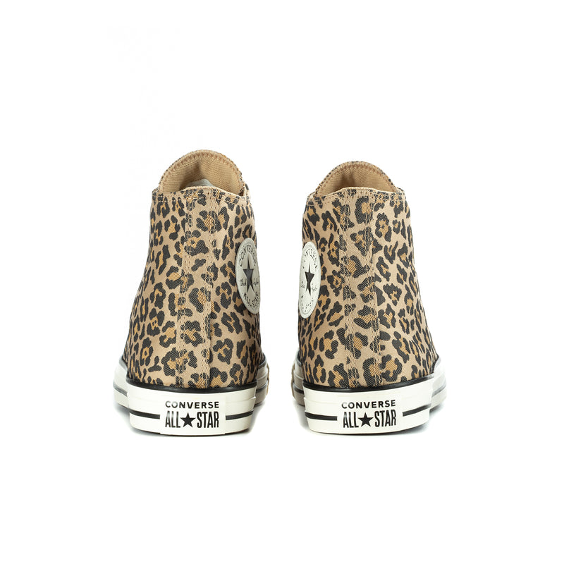 Women’s leopard-print high-top sneakers, heel view with CONVERSE ALL STAR label