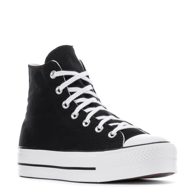 Women's black high-top platform sneaker with white lace-up eyelets and thick sole
