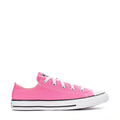 Pink kids low-top canvas sneakers with lace-up front and rubber toe cap.