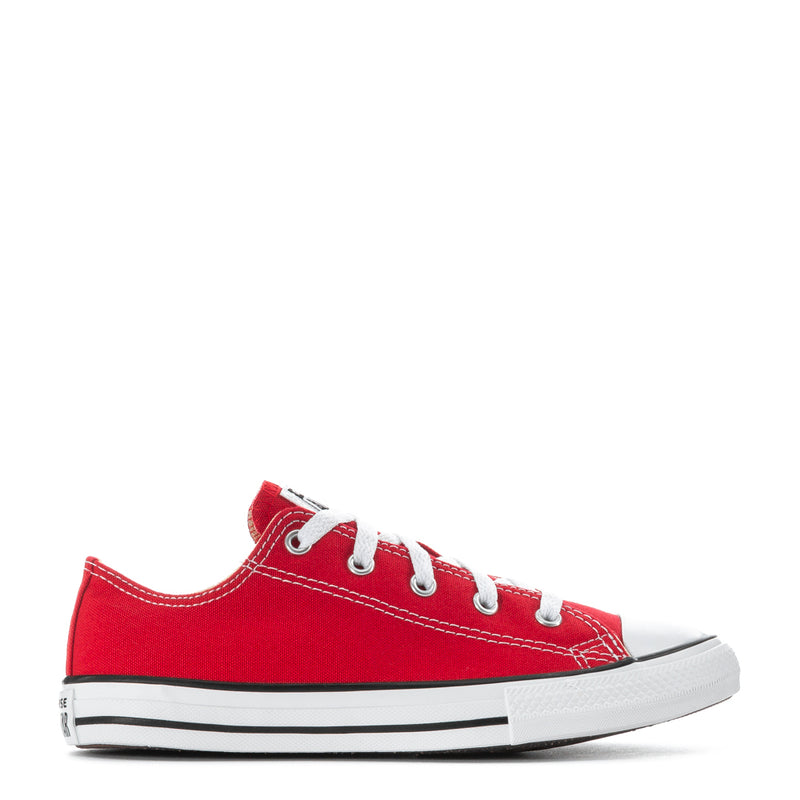 Kids red low-top canvas sneakers with white laces and white rubber toe cap