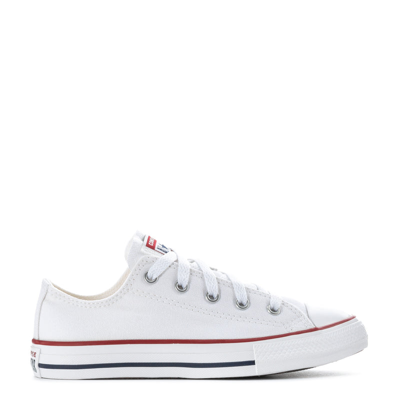 Kids white canvas low-top sneakers with red and navy stripe accents and lace-up front