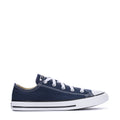 Kids' navy low-top canvas sneakers with white laces and striped toe cap