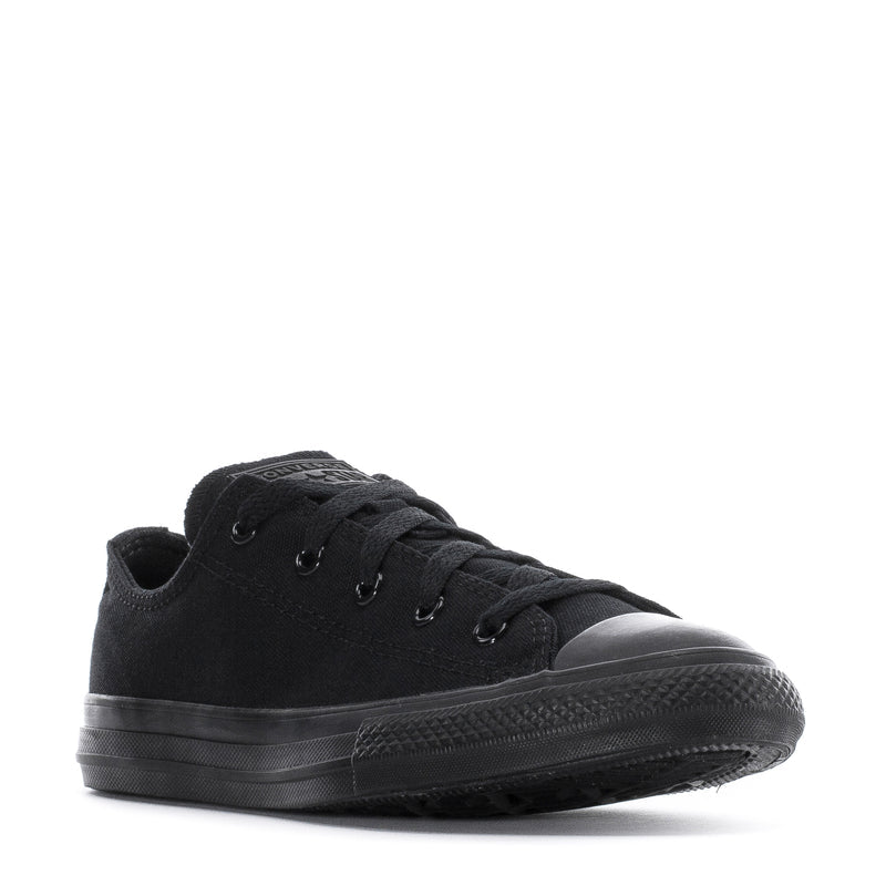 Kids black monochrome low-top sneakers, lace-up design with dark rubber sole