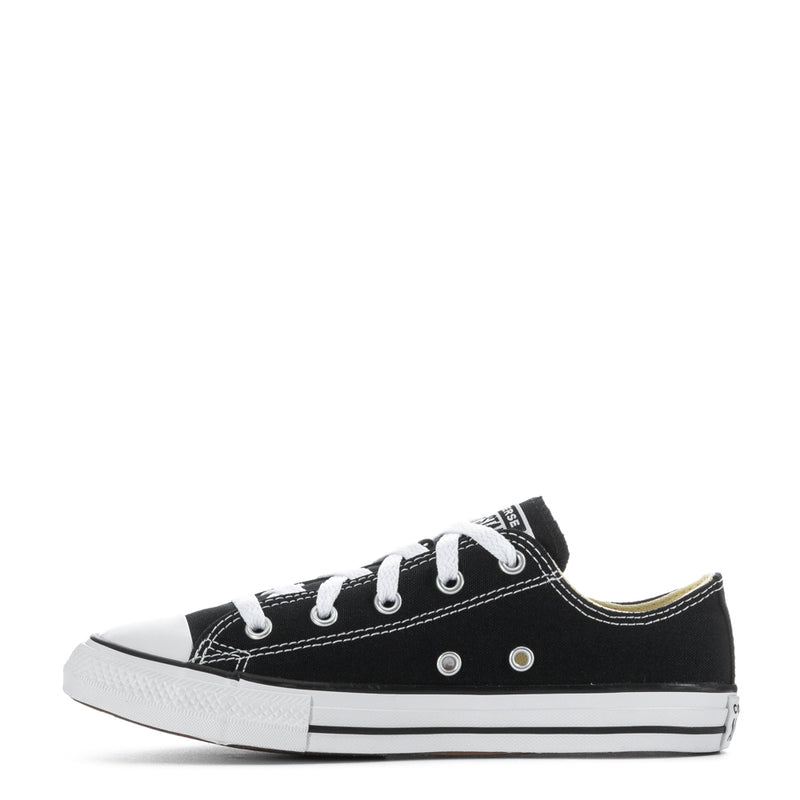 Kids black lace-up low-top sneaker, white laces and side stripe detail