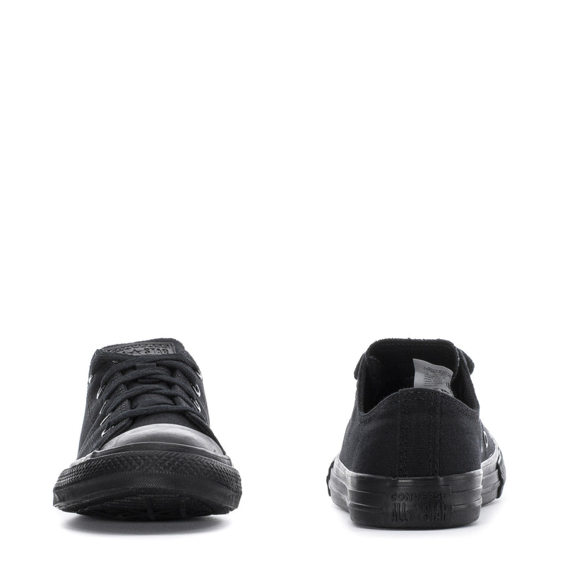 Kids black monochrome sneaker pair view: front toe and heel, lace-up canvas