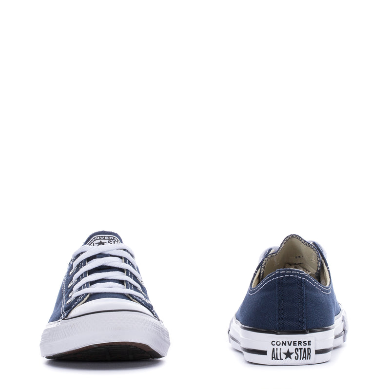 Kids' navy low-top canvas sneakers, lace-up front and heel view pair