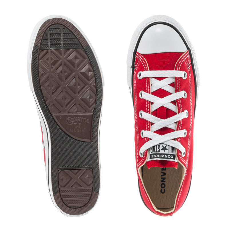 Kids red low-top sneaker outsole and inside view; white laces, Converse All Star label