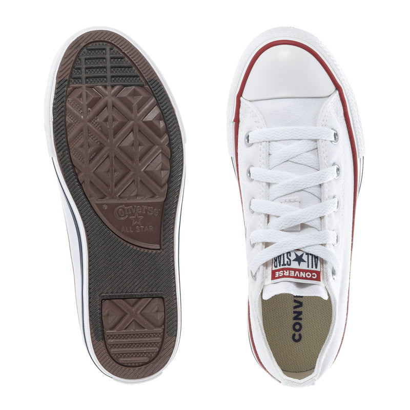 Kids white low-top sneaker sole and side view with white laces and red rim trim