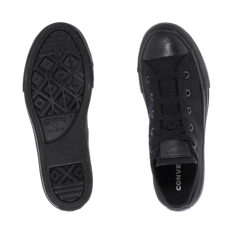 Kids black monochrome sneaker outsoles and insoles, rubber tread and logo text