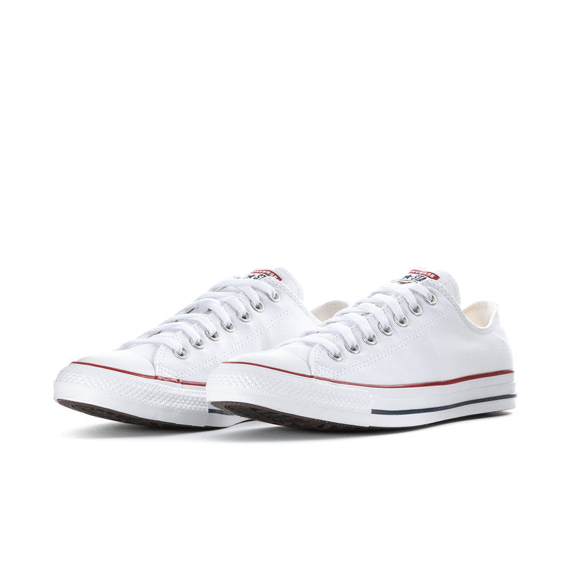 Pair of optical white Converse low-top canvas sneakers with lace-up and red trim