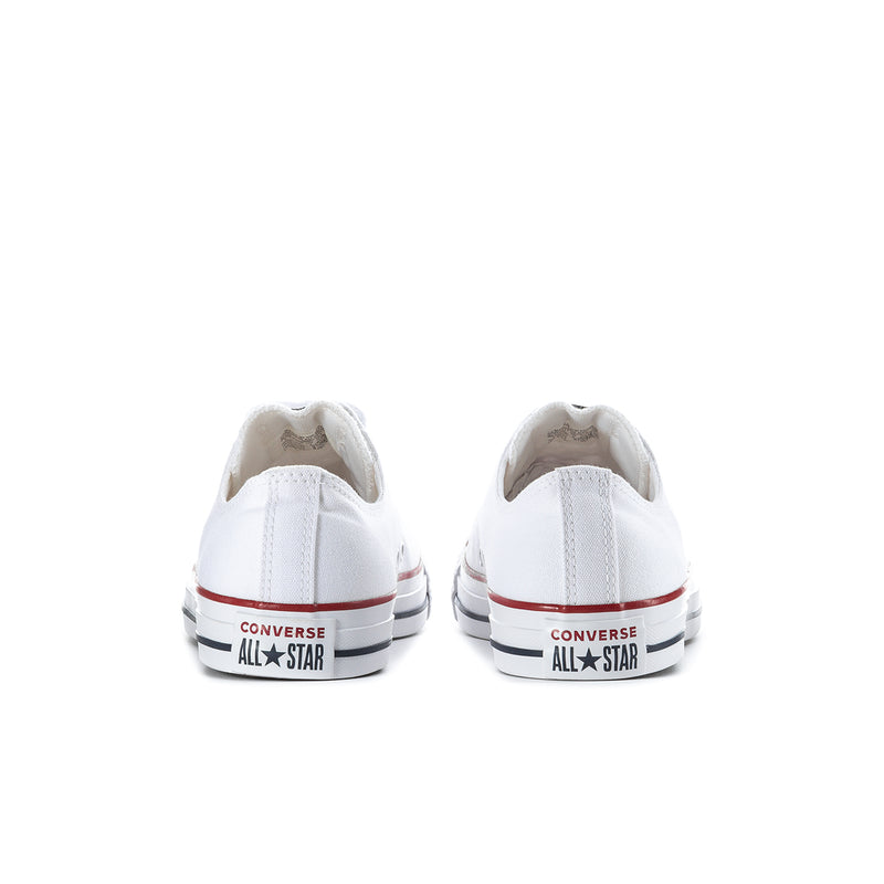 Optical white Converse low-top canvas sneakers, lace-up with red trim and heel tab