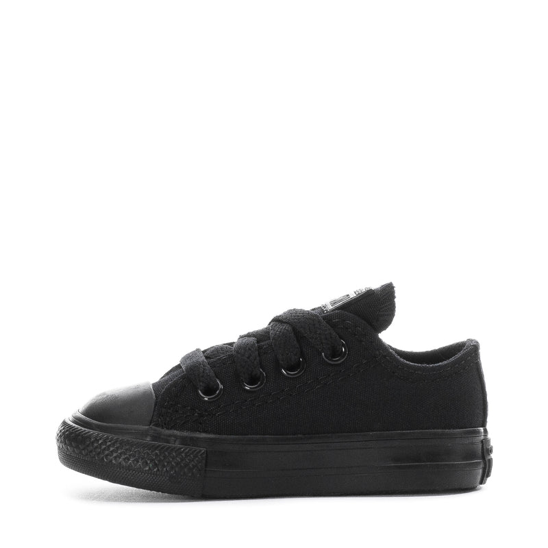 Toddler black low-top sneakers with lace-up front and all-black rubber sole