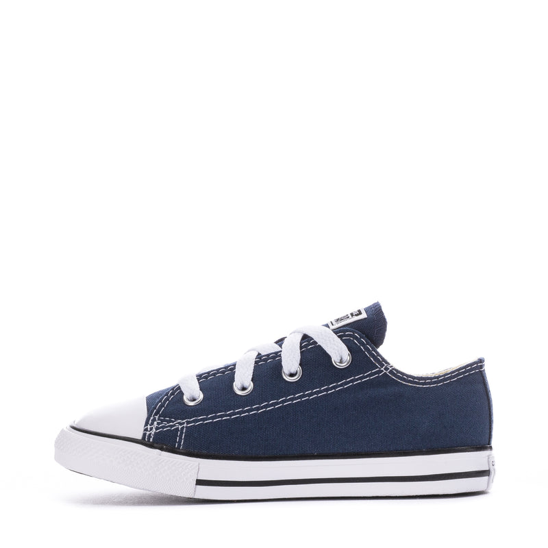 Navy toddler Chuck Taylor ox sneakers, angled side view with white laces