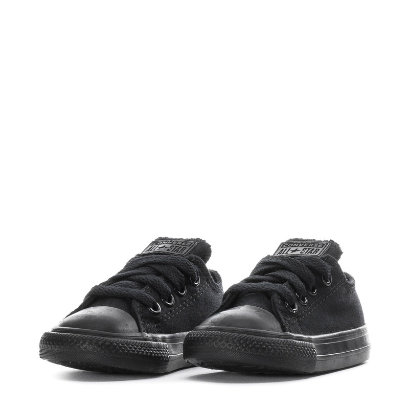 Pair of toddler black lace-up low-top sneakers with canvas upper and rubber sole