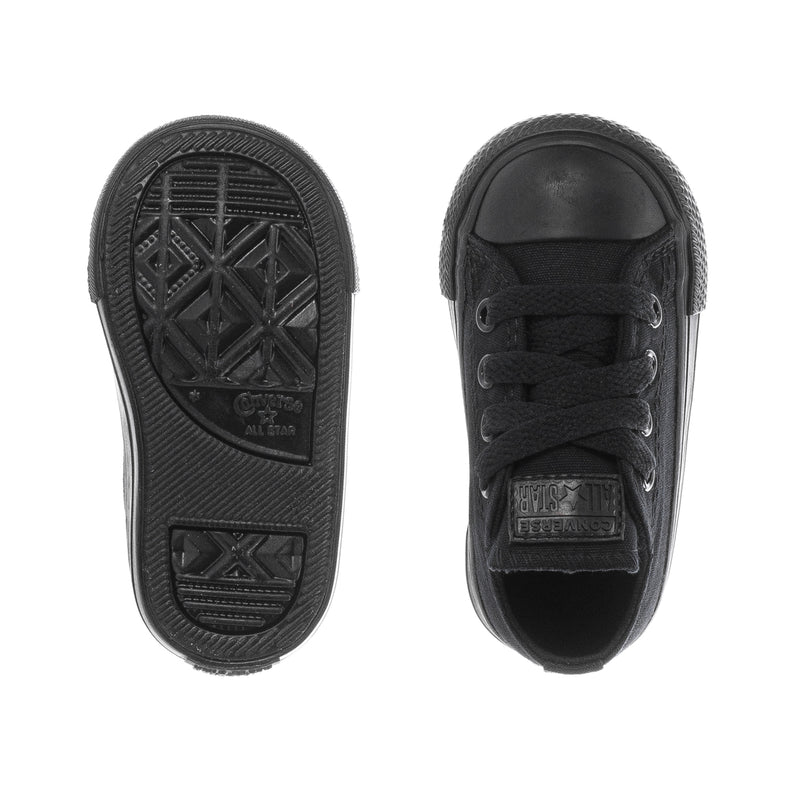 Toddler black low-top shoe soles and side view with lace-up design
