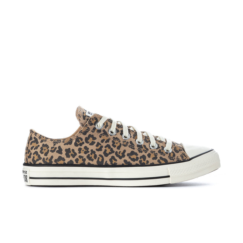 Leopard-print canvas low-top sneakers with lace-up, white rubber toe cap, dark sole