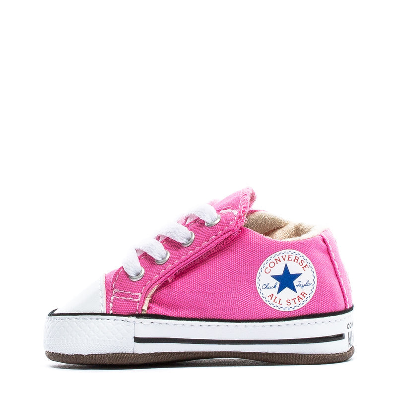Infant Chuck Taylor crib shoes with pink upper and Converse All Star side badge