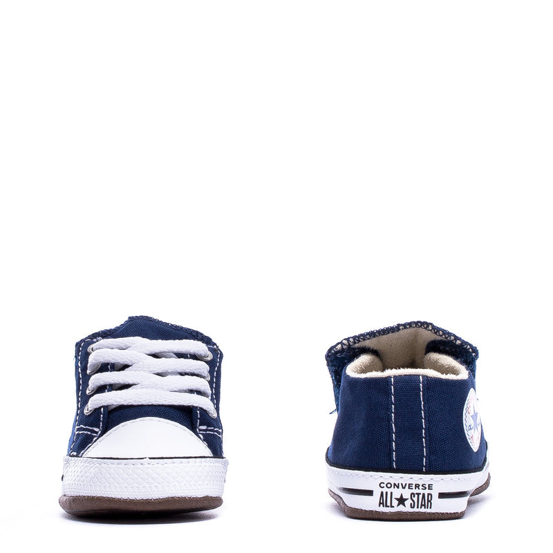Infant navy canvas low-top sneakers shown front and back with white rubber sole