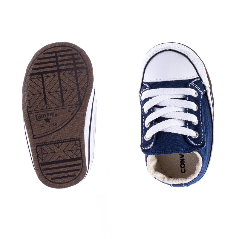 Infant sneakers: navy upper with white laces, plus brown outsole and logo print