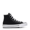 Kids black high-top platform sneakers with white laces and white rubber sole trim