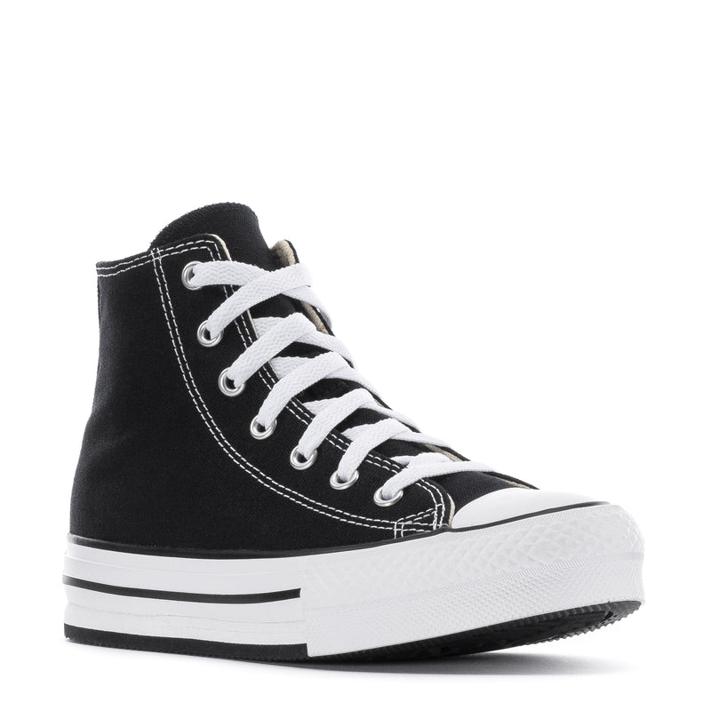 Kids black canvas high-top platform sneakers, white laces, chunky white platform sole