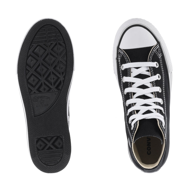 Kids black high-top platform sneaker soles and side profile with white laces