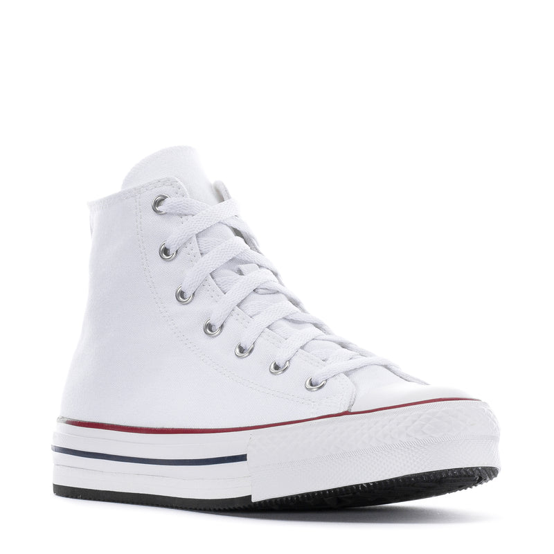 White high-top platform sneaker with red side stripe, lace-up front, black sole