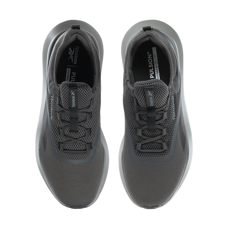 Pair of men's Reebok mesh sneakers, dark grey with perforated panels and lace-up