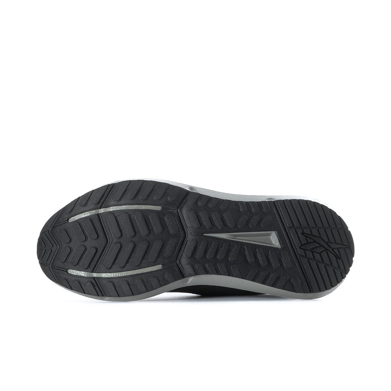 Men's Reebok sneaker outsole, textured black tread with dark grey rubber