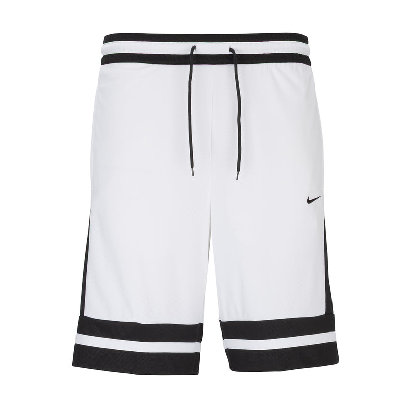 Men's basketball shorts, white with black trim, drawstring elastic waist, 10-inch